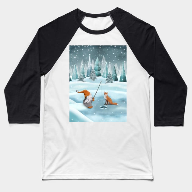 Nordic gnome and red fox fishing winter watercolor illustration. Scandinavian gnome on snowy landscape. Fantasy winter forest. Baseball T-Shirt by likapix